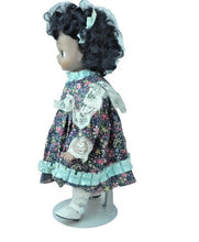 Load image into Gallery viewer, Vintage Brinns Porcelain Doll Black Curly Hair Floral Dress Soft Body - 13" tall
