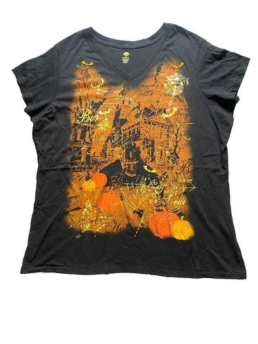 Pumpkin Shirt Womens 2X Black Halloween Witching Hour Haunting Horror Plus Lady