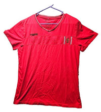 Load image into Gallery viewer, Fried Denim Shirt Womens Large Red Spandex Stretch Embossed Logo Streetwear Y2K
