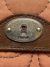 Load image into Gallery viewer, Fossil Key-Per Wallet Peach Fabric Brown Leather Fold Over Zip Quilted Clutch

