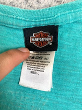 Load image into Gallery viewer, Harley Davidson Shirt Womens Large Teal Green Boots on Fire Wisconsin Motorcycle
