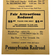 Load image into Gallery viewer, 1934 Pennsylvania Railroad Advertisement Chicago World's Fair Cardstock
