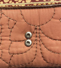 Load image into Gallery viewer, Fossil Key-Per Wallet Peach Fabric Brown Leather Fold Over Zip Quilted Clutch

