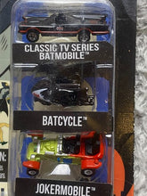 Load image into Gallery viewer, Jada Batman Die Case Vehicles Nano Hollywood Rides Classic Batcycle Jokermobile
