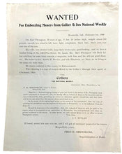 Load image into Gallery viewer, 1908 Wanted Poster Embezzling from Collier &amp; Son $250,000 Reward Antique
