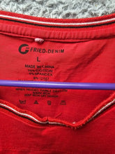 Load image into Gallery viewer, Fried Denim Shirt Womens Large Red Spandex Stretch Embossed Logo Streetwear Y2K
