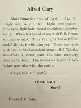 Load image into Gallery viewer, Early 1900's Arrest Poster Flyer Alfred Clary Broke Parole Horse Trader Dentist
