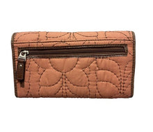 Load image into Gallery viewer, Fossil Key-Per Wallet Peach Fabric Brown Leather Fold Over Zip Quilted Clutch
