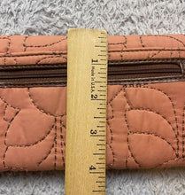Load image into Gallery viewer, Fossil Key-Per Wallet Peach Fabric Brown Leather Fold Over Zip Quilted Clutch
