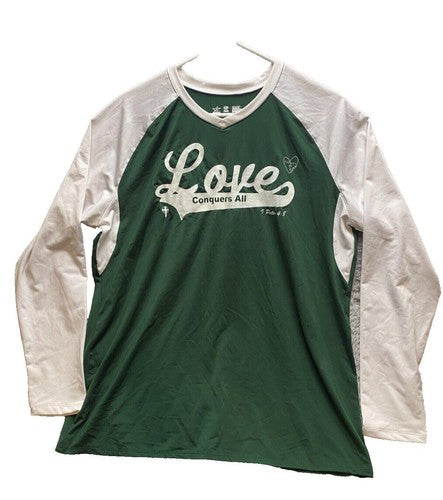 Love Conquers All Shirt Women Extra Large Green Alleson Athletic Raglan Ladies