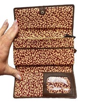 Load image into Gallery viewer, Fossil Key-Per Wallet Peach Fabric Brown Leather Fold Over Zip Quilted Clutch

