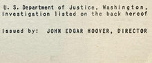 Load image into Gallery viewer, 1943 FBI Wanted Poster Issued by John Edgar Hoover for Escape Murder Ephemera
