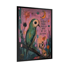 Load image into Gallery viewer, Rolled Poster — Whimsical Bird &amp; Cat Art Print with Quote: "The Right Person Feels Like Home, Not Just Excitement"
