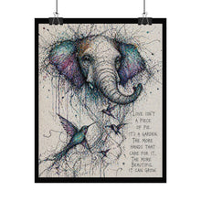Load image into Gallery viewer, Elephant &amp; Hummingbird Art Poster — Watercolor Splatter Print with Inspirational Quote
