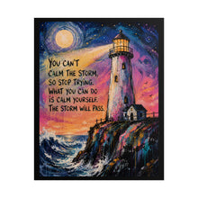 Load image into Gallery viewer, "The Storm Will Pass" Lighthouse Motivational Poster – Ocean Quote Wall Art Print

