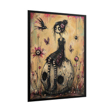 Load image into Gallery viewer, Gothic Girl on Skull Art Poster — Whimsical Dark Fantasy Rolled Print
