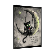 Load image into Gallery viewer, Rolled Poster — Cute Goth Cat on Moon Illustration with Quote “Let Your Light Be the Reason Someone Smiles Today”
