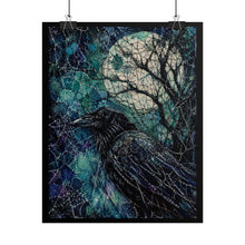 Load image into Gallery viewer, Mystical Gothic Raven &amp; Moon Art Print – Stitched Intricate Night Crow Wall Decor
