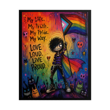 Load image into Gallery viewer, Emo Eerie Goth Pride Art Print - "Love Loud, Live Proud" Rainbow Cape Wall Decor
