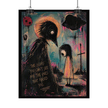 Load image into Gallery viewer, Rolled Poster — Gothic Crow and Girl Art Print with Quote “The Scars You Can't See Are The Ones That Raised You”

