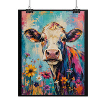 Load image into Gallery viewer, Colorful Cow and Wildflowers Poster – Vibrant Farmhouse Animal Wall Art Print
