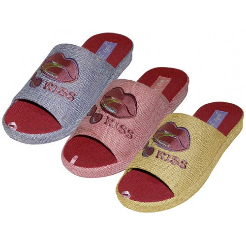 Wholesale Women's Satin Lip Kiss Cherry Embroidery Upper Open Toe House Slippers (*Asst. Purple, Pink And Yellow)