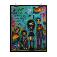 Load image into Gallery viewer, Inclusive Emo Pride Art Print - "Different Doesn't Mean Less. It Means You Were Brave Enough To Be You."
