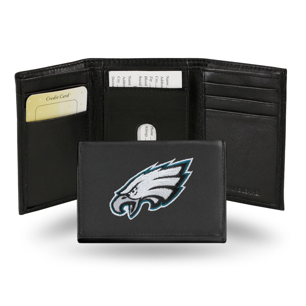 PHILADELPHIA EAGLES BLACK EMBROIDERED GENUINE LEATHER TRI-FOLD WALLET
