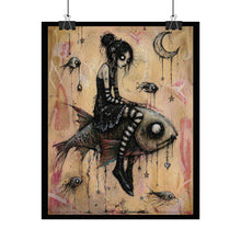 Load image into Gallery viewer, Gothic Girl on Fish Art Poster — Moody Surreal Wall Print
