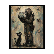 Load image into Gallery viewer, Diver &amp; Cat Art Poster — Whimsical Underwater Vintage Print (Rolled Poster)
