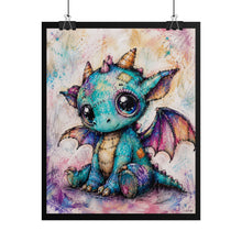Load image into Gallery viewer, Whimsical Patchwork Baby Dragon Art Print – Cute Big-Eyed Fantasy Animal Poster
