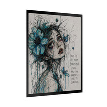 Load image into Gallery viewer, Rolled Poster — Gothic Blue Floral Portrait with Quote “Love is the most beautiful pain…”
