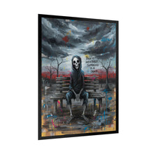 Load image into Gallery viewer, Rolled Poster — Grim Skeleton Bench Art Print with 'Pain is Inevitable, Suffering is a Choice'
