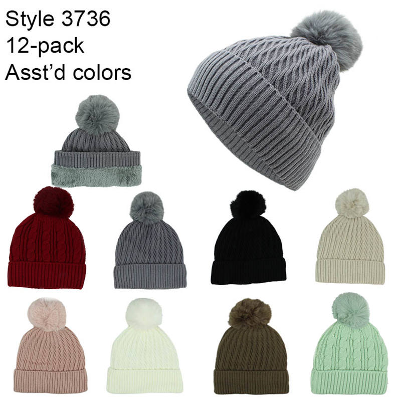12-pack Wholesale Beanie Hat Winter Pompom Knit Hat #3736