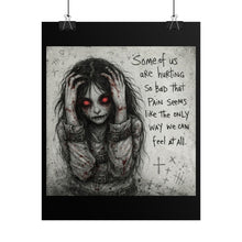 Load image into Gallery viewer, Horror Art Poster – Creepy Girl with Red Eyes &amp; Dark Quote (Rolled Poster)
