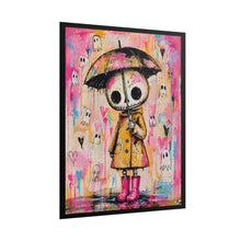Load image into Gallery viewer, Cute Skeleton Girl Poster — Pink Raincoat &amp; Ghosts Rolled Art Print
