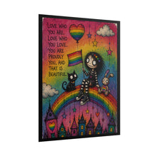 Load image into Gallery viewer, "Love Who You Love" Pride Art | Whimsical Character Rainbow Flag Poster
