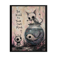 Load image into Gallery viewer, "Be Kind to Your Own Mind" Wall Art | Spooky Cute Cat &amp; Fish Print
