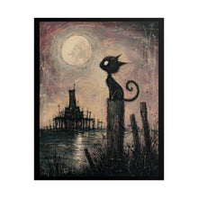 Load image into Gallery viewer, Rolled Poster — Gothic Moon Cat Art Print, Whimsical Haunted Pier Wall Decor
