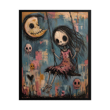 Load image into Gallery viewer, Skeleton Girl on Swing Under Crescent Moon – Pastel Goth Fine Art Rolled Poster
