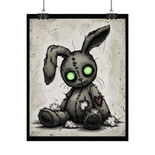Load image into Gallery viewer, Creepy Plush Bunny Poster – Glowing Green Eyes Rolled Art Print
