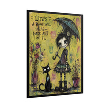 Load image into Gallery viewer, "Life's A Beautiful Mess – Make Art Of It" Gothic Print – Creepy Cute Girl &amp; Black Cat Wall Decor
