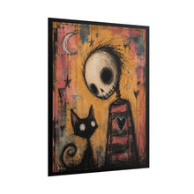 Load image into Gallery viewer, Gothic Skeleton Figure &amp; Black Cat under Crescent Moon – Pastel Goth Rolled Poster
