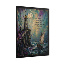 Load image into Gallery viewer, Lighthouse Sailing Art Poster — "The hardest storms don’t last forever, but they do teach you how to keep sailing"
