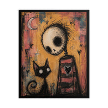 Load image into Gallery viewer, Gothic Skeleton Figure &amp; Black Cat under Crescent Moon – Pastel Goth Rolled Poster
