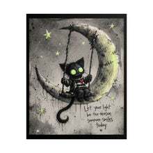 Load image into Gallery viewer, Rolled Poster — Cute Goth Cat on Moon Illustration with Quote “Let Your Light Be the Reason Someone Smiles Today”
