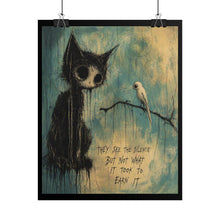Load image into Gallery viewer, Rolled Poster - Moody Gothic Cat Art Print with Quote ‘They See the Silence…’
