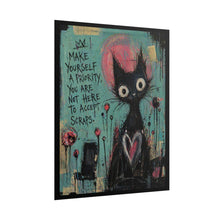 Load image into Gallery viewer, Rolled Poster — Cute Goth Cat Art with Motivational Quote “Make Yourself a Priority”

