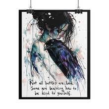 Load image into Gallery viewer, Rolled Poster — Watercolor Raven &amp; Woman Art Print with Self-Kindness Quote
