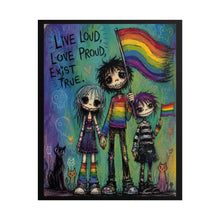 Load image into Gallery viewer, Whimsical Creepy Cute Goth Friends Holding Rainbow Flag Canvas Poster - LGBTQ+ Pride Wall Art
